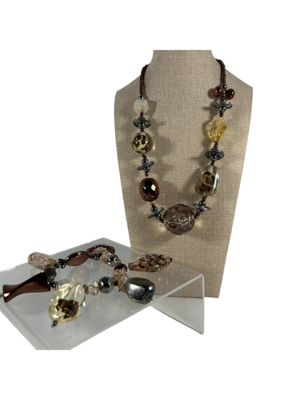 Treska Statement Necklace Bracelet Set Brown Bronze Leopard Beaded Jewelry
